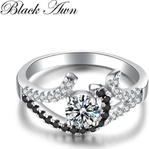 BLACK AWN New Fashion Anillos Mujer Genuine 100% 925 Sterling Silver Black&White Stone Rings for Women Jewelry Ring Bijoux C228