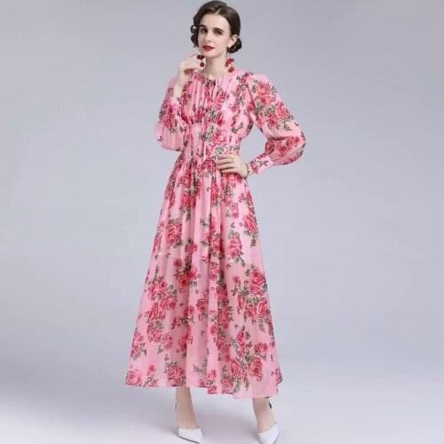 Designer New Spring Autumn High Quality Womens Bohemian Gorgeous Elegant Fashion Casual Party Flower Print Chiffon Long Dress