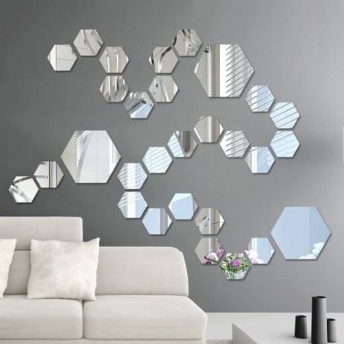 12pcs 3D Mirror Wall Sticker DIY Hexagon Art Ornaments Removable Living-Room Home Decor Stickers