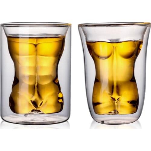 2PCS Double Wall Glass Kawaii Anti-hot Male And Female Naked Body Coffee Mug Wine Glass Cups Beer Shot Glass