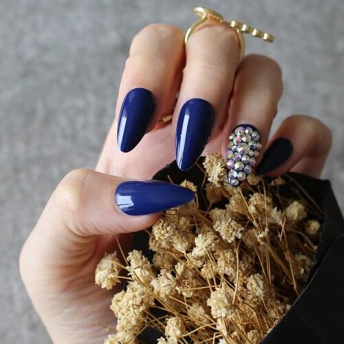 Black box shiny wedding fake nails blue UV glossy false nails full crystal diamonds Handmade 28pcs full set