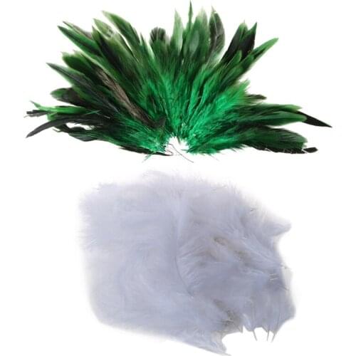 50Pcs Dyed Decoration Rooster Cock Feather Green & 200Pcs Fire Chicken Feather Pointed Tail Velvet Feathers 10-15Cm White