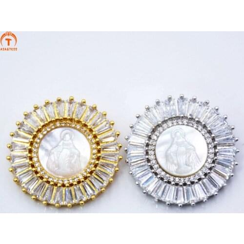 ASA&TESS Gold silver plated Round shape Copper Metal clear CZ/Zircon Pave Maria shell beads pendant / necklace Jewelry Findings