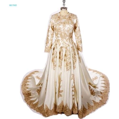 BRITNRY 2018 New Arrivals O Neck Muslim Wedding Dress Long Sleeve Satin Wedding Gwon for Bride Gold Lace Ball Gown Bridal Dress