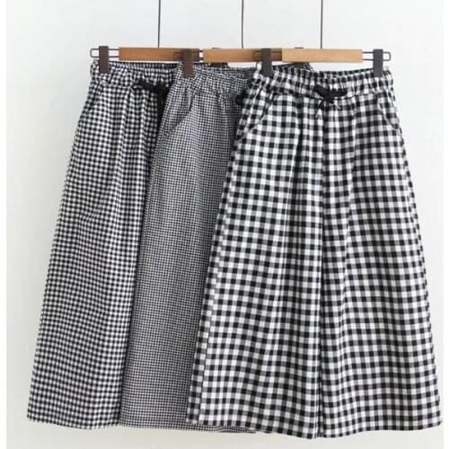 Japanese mori girl check the pattern Trousers female child printing college style with loose thin leisure wide - legged pants