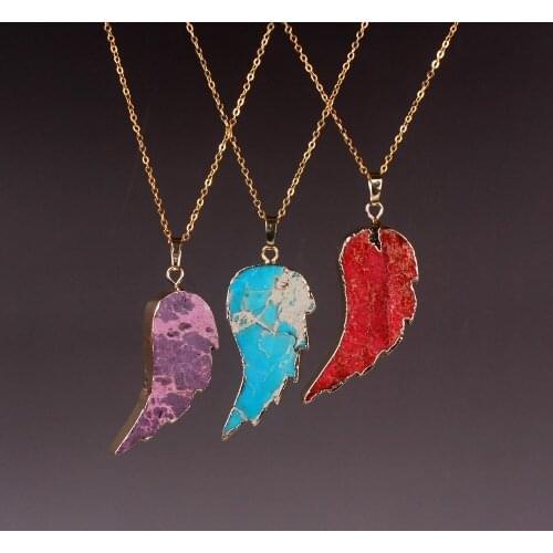 Druzy New Trendy Colorful Angel Wing Shape Natural Stone Pendant Necklace Men Druzy Gold Color Chain Onyx Necklace For Female