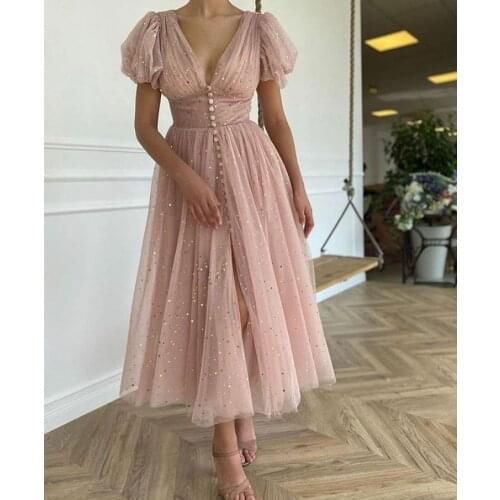 Elegant Short Pink Tulle Evening Dresses with Sleeve Glitter Tea Length Zipper Back Pleated Formal Party Dress for Women