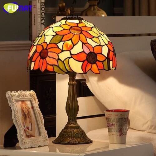 FUMAT European Garden Sunflower Table Lamp Lights Retro Stained Glass Lamps For Living Room Bed Room Art Fashion LED Table Lamps