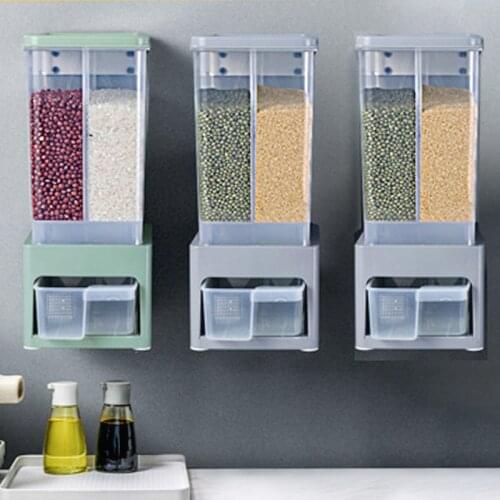 Kitchen Divided Rice Bucket Perforated Wall-Mounted Multigrains Dispenser Containers 4 Grids Rice Flour Food Storage Tank