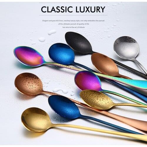 2PCS Stainless Steel Colourful Spoons Korea Dark Black Soup Spoon Long Handle Gold Spoon Set for Ice Cream gold tableware Scoop