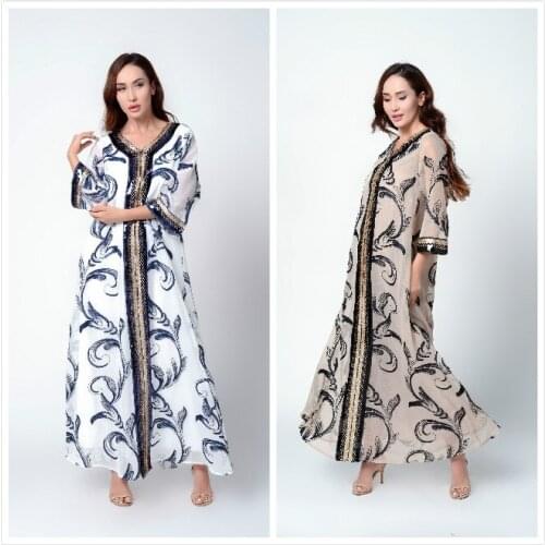 Muslim Dress Dubai Arab Fashion Sequins Embroidered V Neck Abaya Duabi Arabic Turkey Moroccon Kaftan Islamic Clothing India Gown