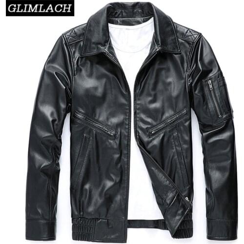 2021 New Men Genuine Leather Motorcycle Biker Jacket Luxury Sheepskin Real Leather Riding Jacket Black Slim Zippers Coat Autumn