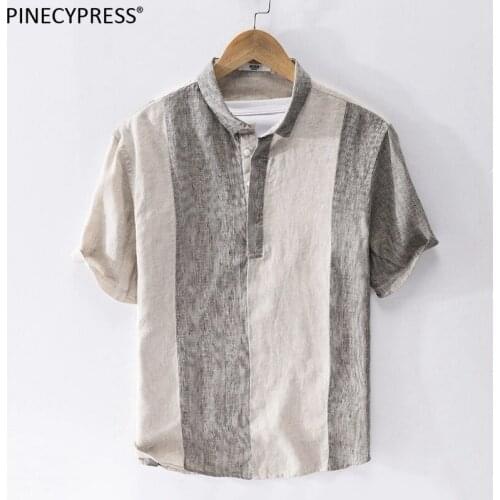 100% Linen Breathable Anti-radiation Quality Casual Man T Shirt Striped Summer Beach Short Sleeve Turn Down Collar Men T-shirt