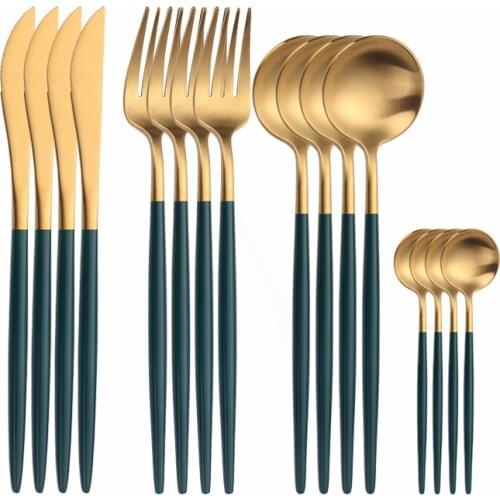 16pcs Stainless Steel Cutlery Set 18/10 Fork Knife Set Matte Tableware Kitchen Set Dinnerware Green Gold Flatware Eco Friendly