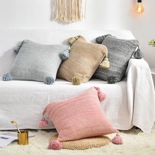 Solid Knit Cushion Cover Vintage Brown Pink Grey Tassels Pillow Case 45cm*45cm Soft For Sofa Chair Home decoration