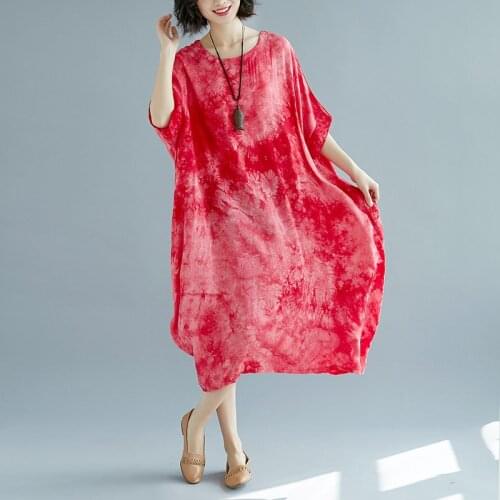 Women size 8XL120KG Summer Dress Cotton Linen Elegant Lady Vestidos Print Floral Casual Oversized Loose Red Blue Dresses