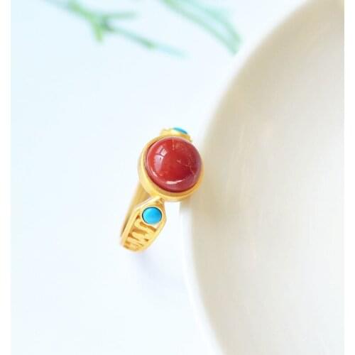 Natural South Red Ring S925 Sterling Silver Fashion Personality Red Retro Ring Chinese Royal Court Style Classical Jewelry Women