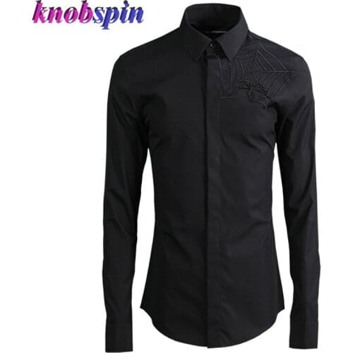 Fashion Business men Shirt Elegant Spiderweb Embroidery Solid color Chemise homme 80% Cotton Slim Casual male Dress Shirts 2019