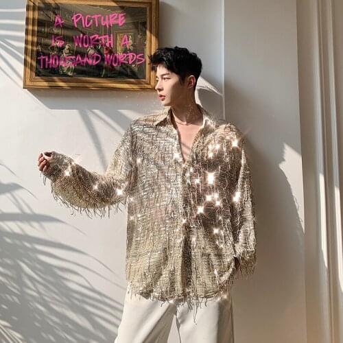 2021 New See Through Long Sleeve Casual Tassel Sequins Shirt Male Retro Fashion Streetwear Loose Shirts Stage Show Clothing