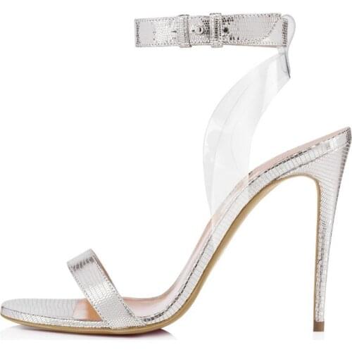 Concise Silvery Gold PVC High Heels Sandals Women T Ankle Strap Summer Dress Shoes Woman Open Toe Sandals