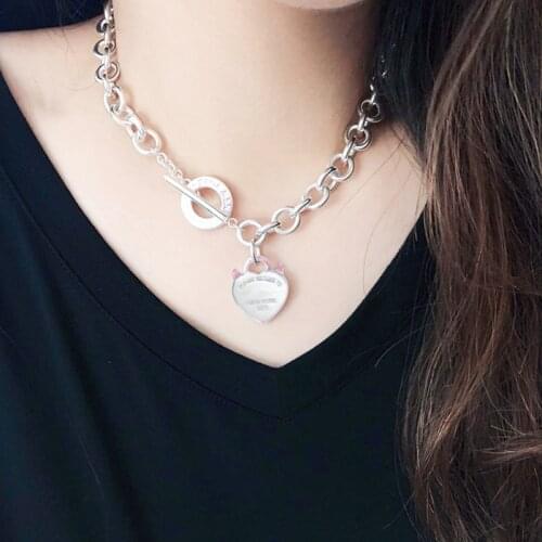 Silver 925 Necklace Womens Personality Devil Horn Pendant Luxury Brand 1:1 Heart Carved Chain High-End Jewelry Gift