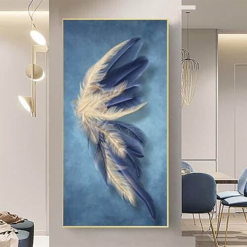 Modern Luxurious Blue Gold Feather Leaves Abstract Canvas Painting Wall Art Print Poster Picture Living Room Home Decoration