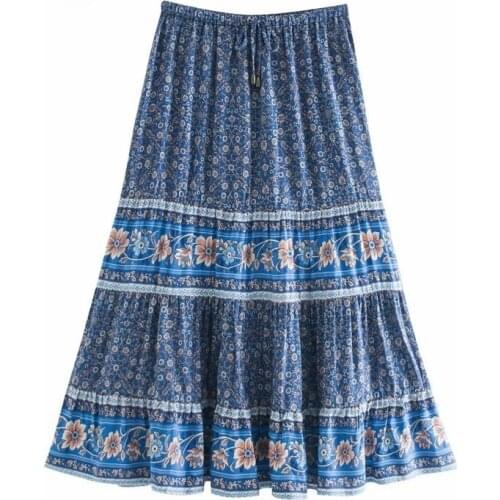 Vintage chic Hippie women floral printed High Elastic Waist beach Bohemian skirt ladies rayon cotton A-Line Boho Midi skirt