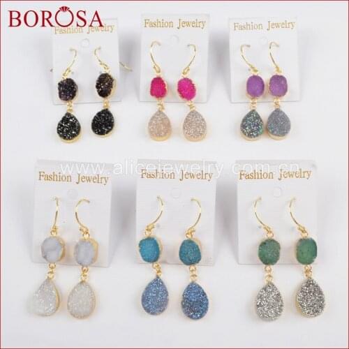 BOROSA 5Pairs Gold Color Rainbow Teardrop Titanium Druzy Dangle Earrings Fashion Jewelry Drusy Drop Earrings for Women G1473