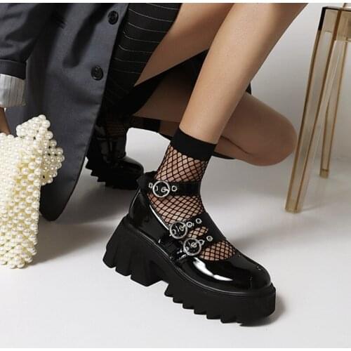 Ochanmeb Oversized Big Plus Size 43 Womens Punk Multi-buckled Strap Ankle Belt Round Toe Chunky Heels Platform Shoes Goth Flats
