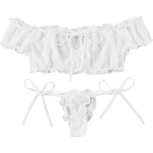 Womens Self Tie Ruffle Trim Dobby Mesh Lingerie Set Sexy Bra and Panty