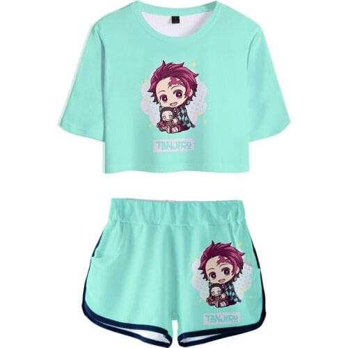 2020 3D Demon Slayer Two Piece Set Short Crop Top + Shorts Sweat Suits Women Tracksuit Two Piece Outfits Summer Sets