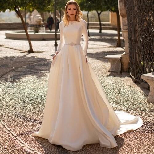 Boho Robe De Mariee A Line Vestido Novia Wedding Dress 2021 Satin Longue Long Sleeves Robe De Soiree Simple Bride Backless