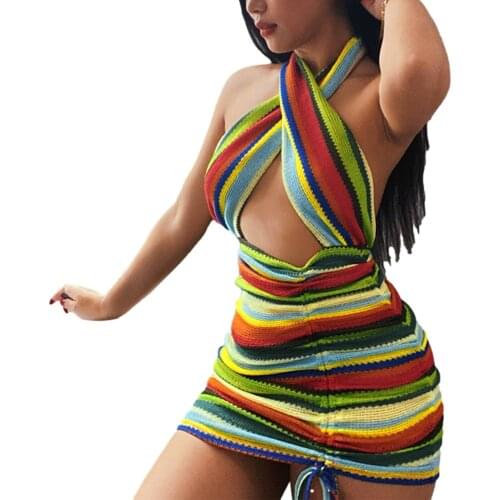 Gaono Women Sexy Hollow Out Dress Fashion Girls Multicolor Halter Neck Sleeveless Short Drawstring Skirt 2021 New Women Dress