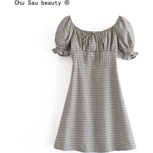 2021 Summer New Women Square Collar Short Sleeve Lace-Up High Waist Slim Plaid A-Line Dress For Women Fashion Vestido