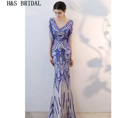 H&S BRIDAL Half Sleeve Evening Dress Royal Blue Sequins Evening Gown Mermaid evening dresses V-neck Prom Dresses robe de mariee
