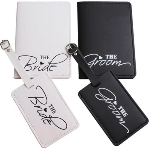 1Set PU Leather Luggage Tag Bride Groom Passport Case for Couples Honeymoon LX9F