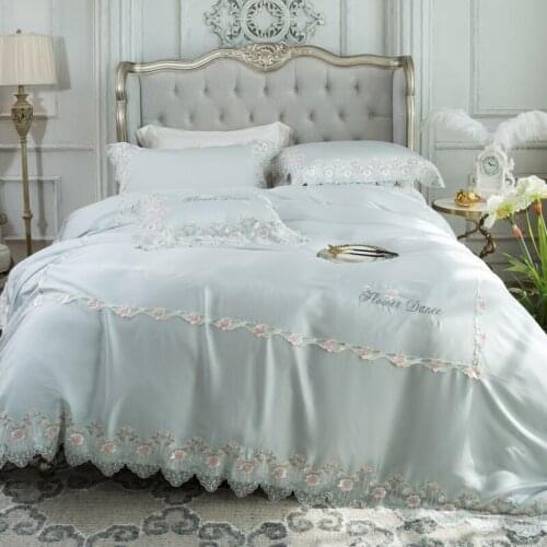Luxury blue Princess 120S Egyptian cotton Embroidery Bedding sets Queen King Lace Duvet cover Bed sheet set Pillowcases 4/6pcs
