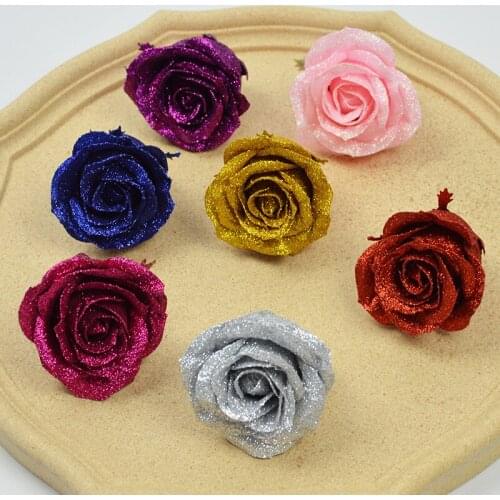 40pcs Gold Powder Crystal Rose Flower Heads Simulation Beauty Rose for Wedding Valentines Day Gift Wedding Bouquet Home Decor
