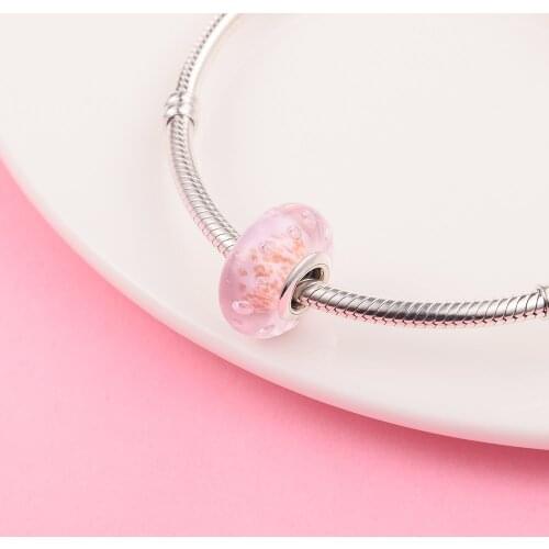 Fit Pandora Bracelets 925 Sterling Silver Pink Glitter Murano Glass Charm Beads for Women DIY Making Female Jewelry Kralen