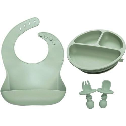 Food Grade Childrens Tableware Feeding Solid Food Dinner Plate Set Suction Dishes Waterproof Baby Bibs Training Mini Fork Spoon