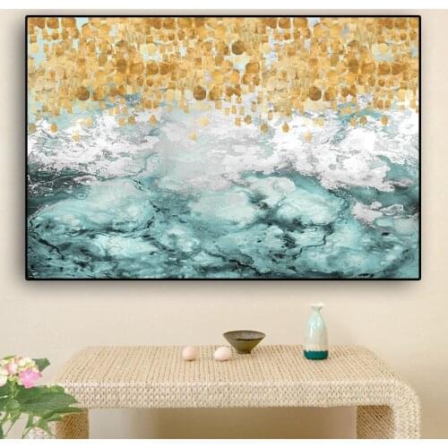 Blue Wave Gold Abstract Landscap Oil Painting on Canvas Posters and Prints Nordic Wall Art Picture for Living Room Cuadros Decor