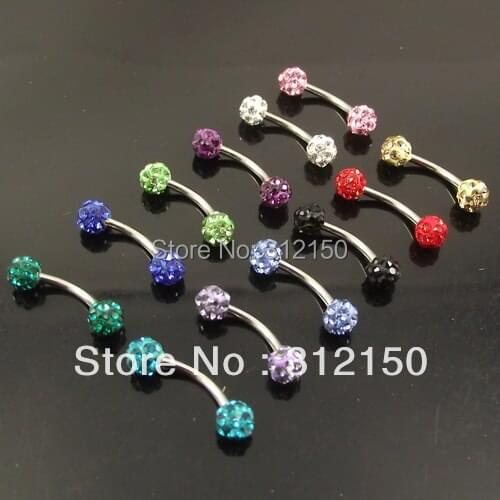 24pcs 16G Free shipping Wholesale Fashion FULL Double Crystal Gems Eyebrow Ring Barbells Eyebrow Rings Body Piercing Jewelry
