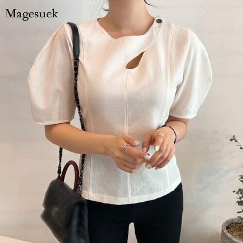 Korean Summer O Neck Cotton Woman Tshirts New Hollow Out Puff Short Sleeve Slim Solid Women Tops Elegant Stripe Blouse 14495