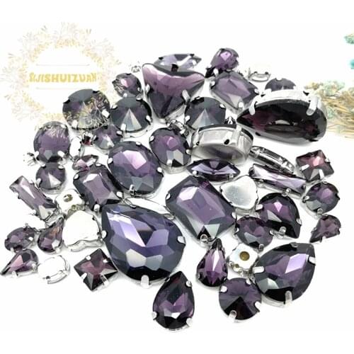 58pcs 10shapes 25sizes Mix Deep Purple shape and sizes Glass Crystal rhinestones silvery bottom DIY Clothing accessories