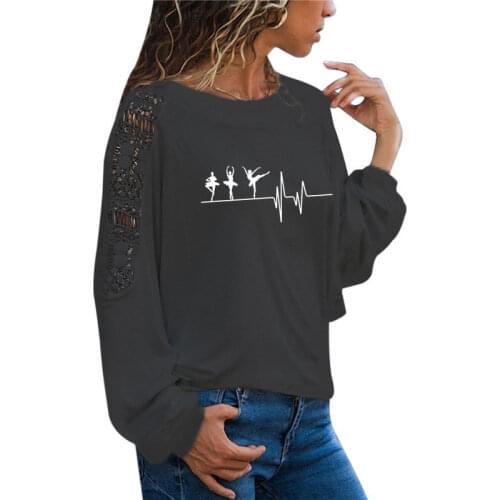 New Autumn Love Ballet T Shirts Long Sleeve Woman Dance T Shirt Top Fashion Female Girl T-shirt Large Size Loose Lace Top Tee