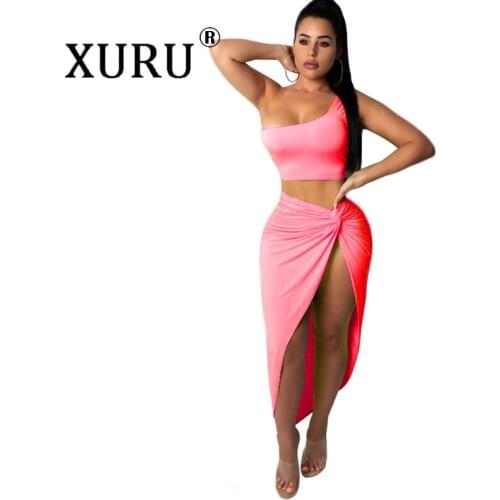 XURU Autumn New Womens Dress Two-Piece Club Nightclub Pleated Irregular Sexy Dress Set