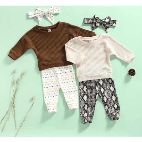 3Pcs Fall Little Girls Outfit Suit Solid Color Batwing Long Sleeve Sweatshirts Tops+Heart/Snakeskin Printing Pants+Headwear Set