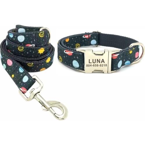 Personalized Space Grey Pet Collar Custom Puppy ID Tag Adjustable Cat Accessory Planet Sun Stars Basic Dog Collars Leash Set