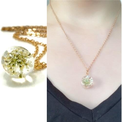 Real Flower Necklace Fashion Dried Botanical Necklaces Pendants For Women Dried Flower Glass Pendant Rose Gold Color Chain Gift