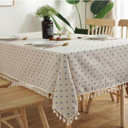 Cotton and Linen Rectangle Tablecloth with Lace Tassel Blue Daisy Flower Pattern Home Coffee Pendant Tea Table Pad Meal Cloth